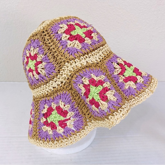 BCBGeneration Straw Crochet Granny Square Bucket Hat OS - Picture 1 of 4